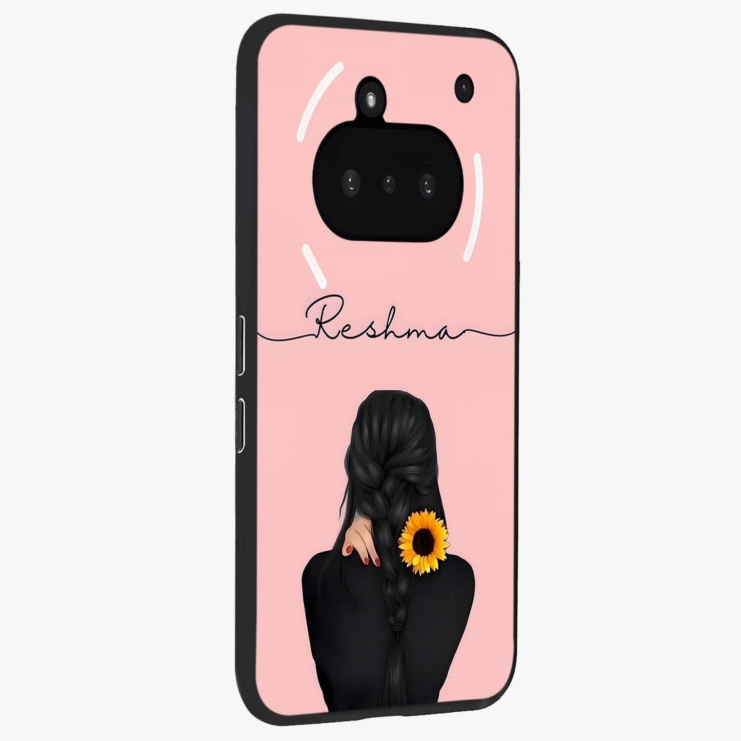 Sunflower Braid Beauty With Custom Name Glass Case upright view showcasing bright sunflower artwork with personalized floral aesthetic.