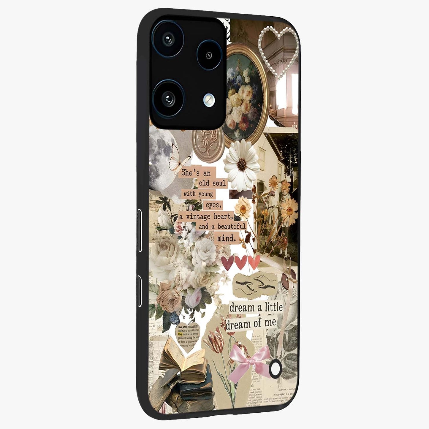 Aesthetic Brown Vintage Collage Glass Case upright view showcasing nostalgic retro artwork with stylish vintage theme.