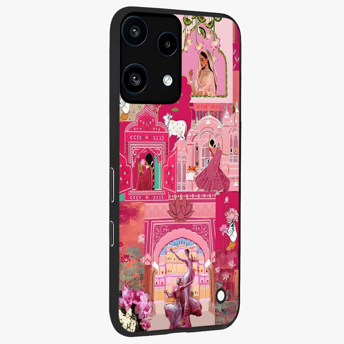 Blossoms of Rajasthan Glass Case upright view showcasing colorful floral design inspired by traditional Indian art.