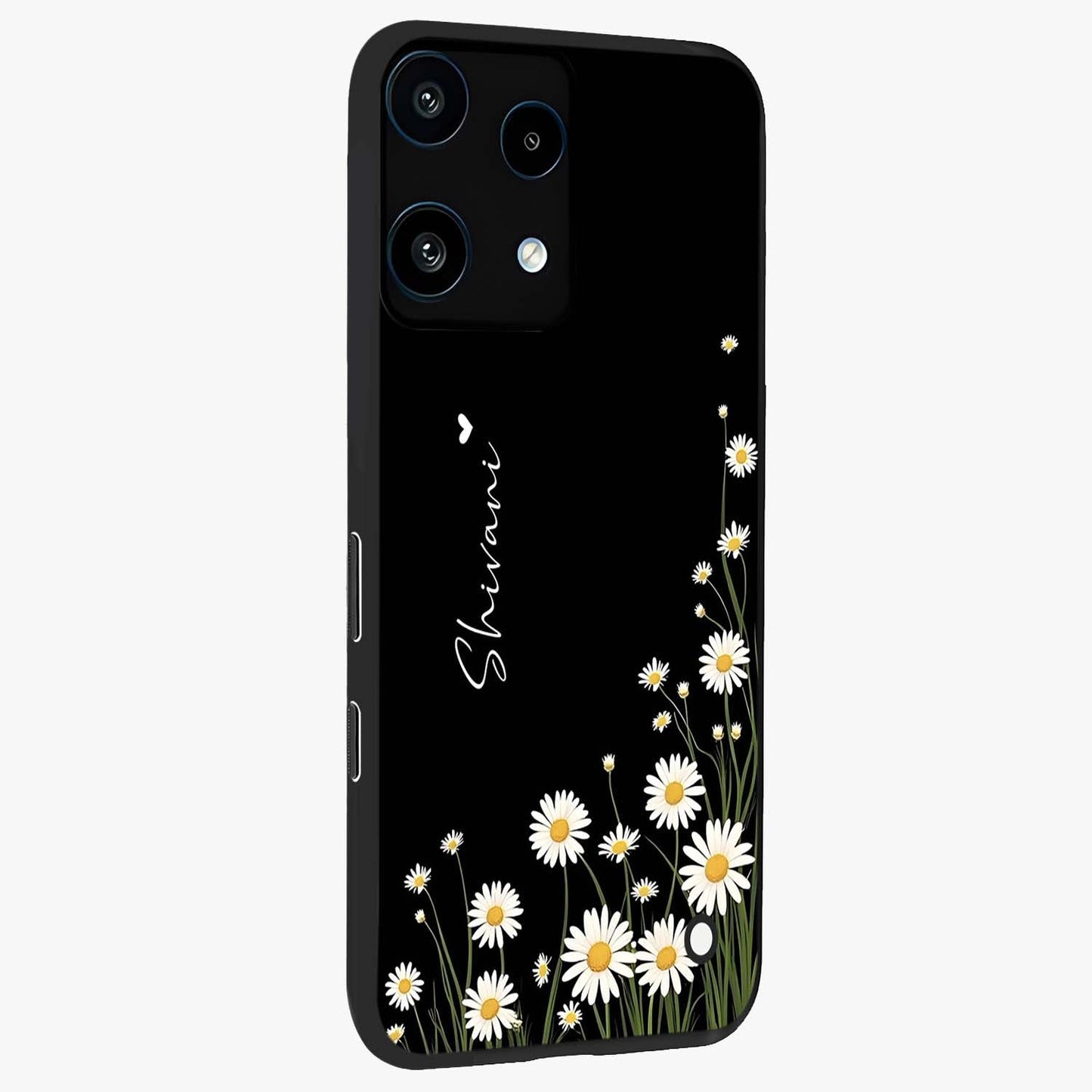 Daisy Cascade Custom Name Glass Case upright view showcasing elegant floral cascade design with personalized aesthetic.