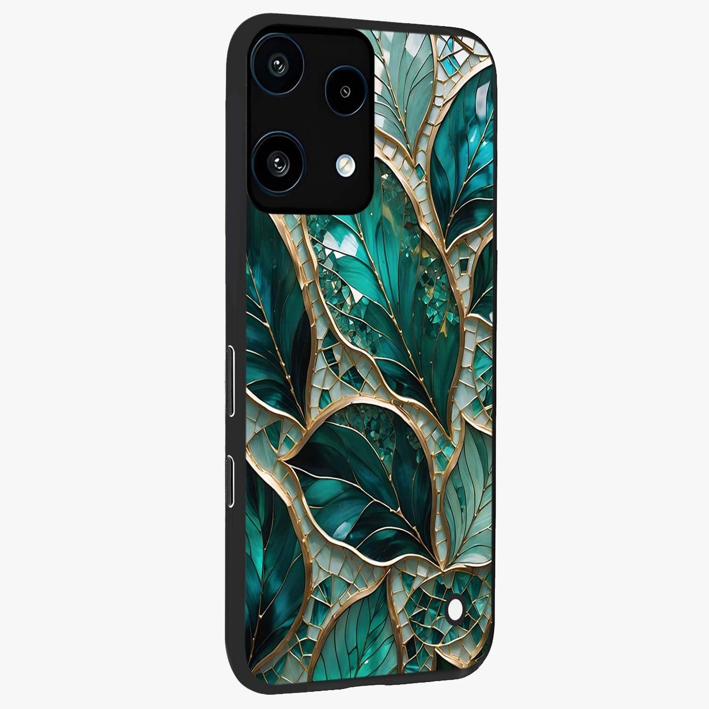 Emerald Leaf Glass Glass Case upright view showcasing fresh green leaf artwork with calming nature inspired style.
