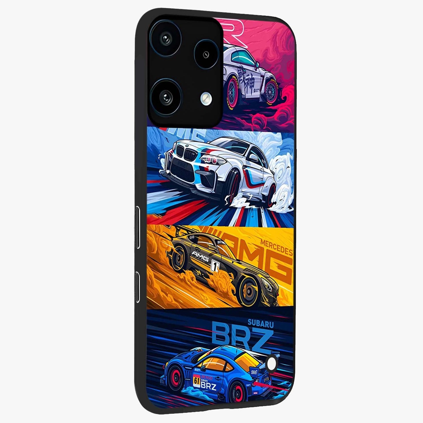 JDM Sports Car Glass Case upright view showcasing dynamic sports car artwork with bold racing theme.