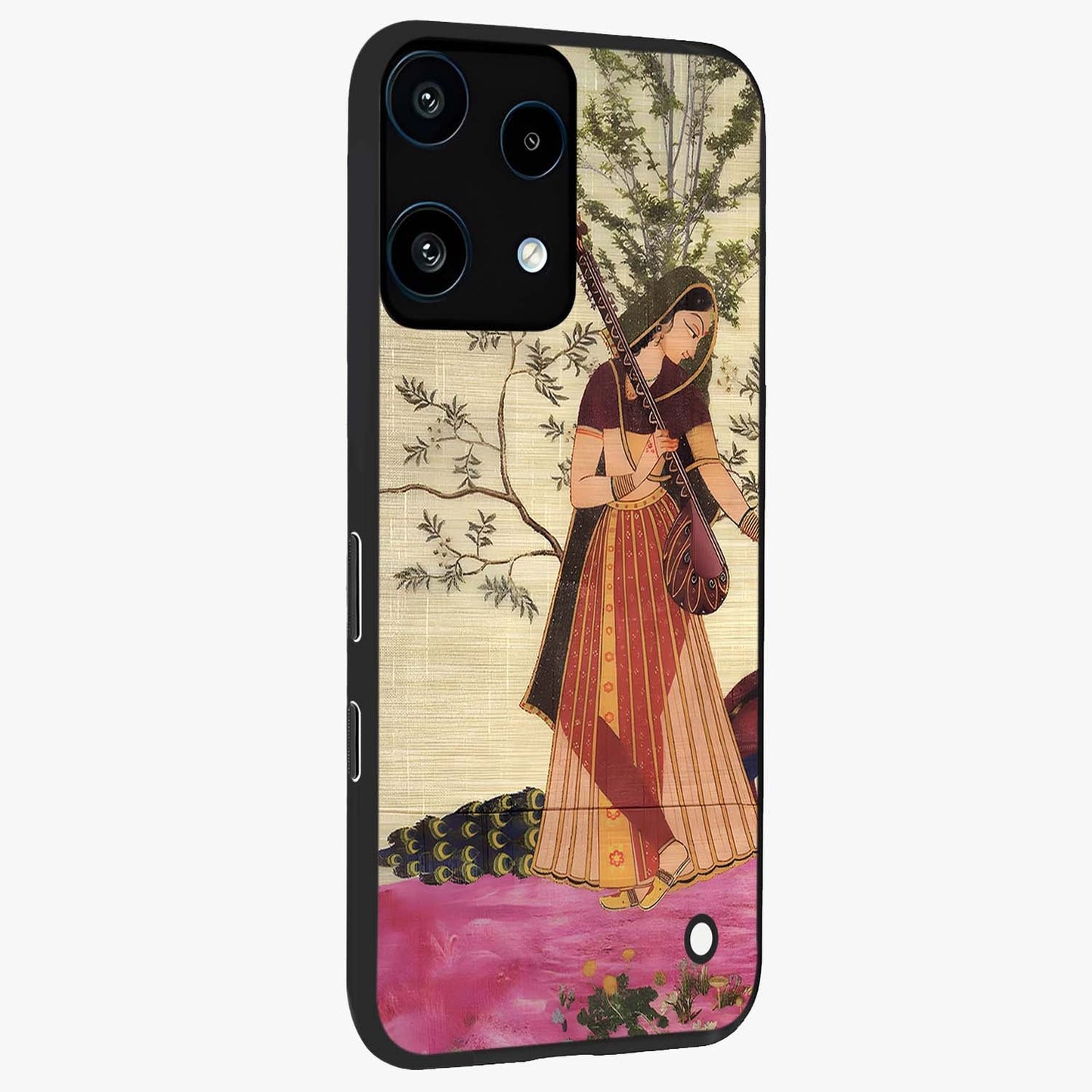 Lady With Veena Art Glass Case upright view showcasing classical veena artwork with traditional artistic theme.
