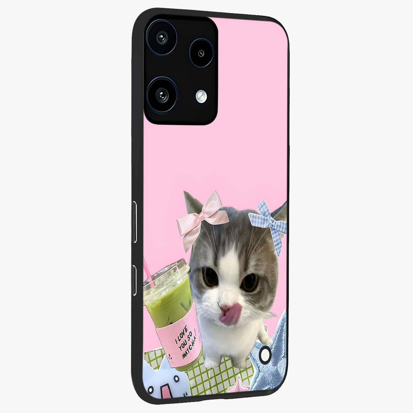 Love Matcha Cat Glass Case upright view showcasing adorable cat artwork with charming matcha themed design.