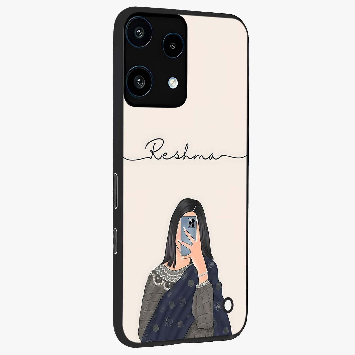 Mirror Mood Muse With Custom Name Glass Case upright view showcasing artistic mirror themed artwork with personalized aesthetic.