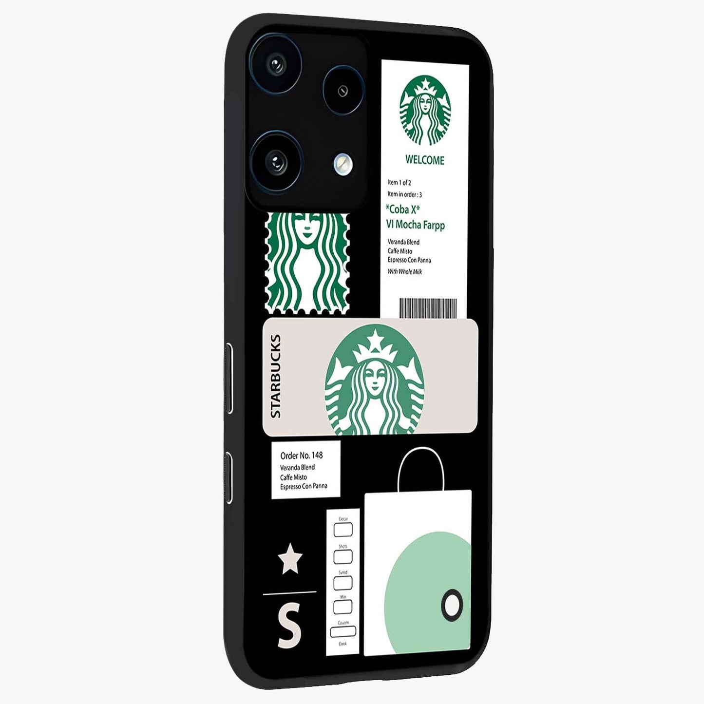 Starbucks Mocha Glass Case upright view showcasing trendy coffee inspired artwork with modern lifestyle theme.