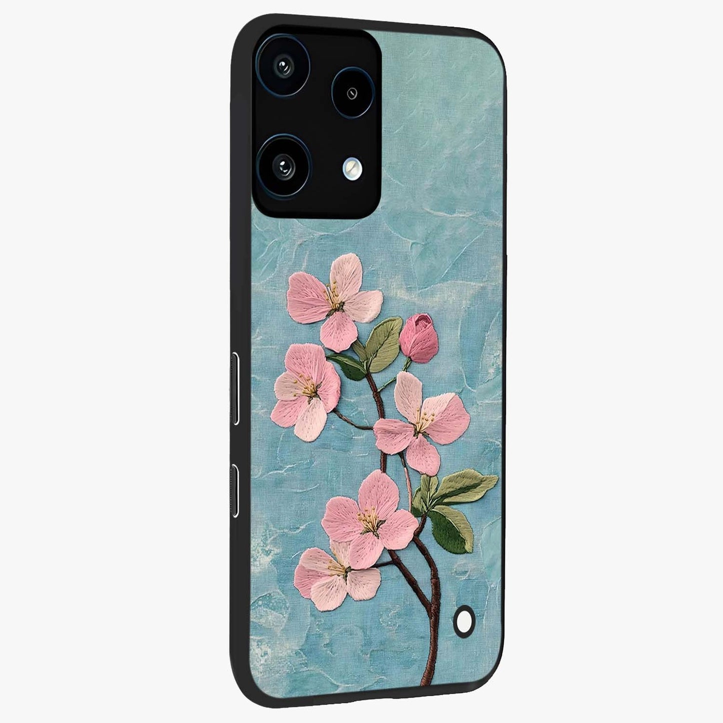 Threaded Blossom Breeze Glass Case upright view showcasing graceful flower artwork with calm botanical theme.