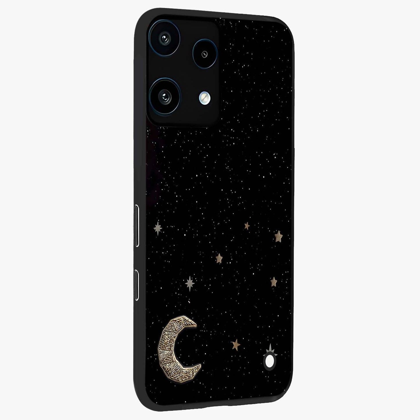 Twinkle Star With Half Moon Glass Case upright view showcasing glowing cosmic artwork with dreamy night theme.