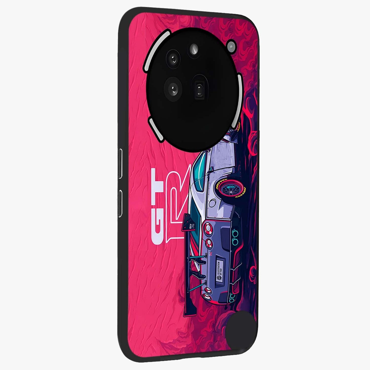 GT-R Car Pattern Glass Case upright view showcasing dynamic car pattern artwork with modern sports theme.