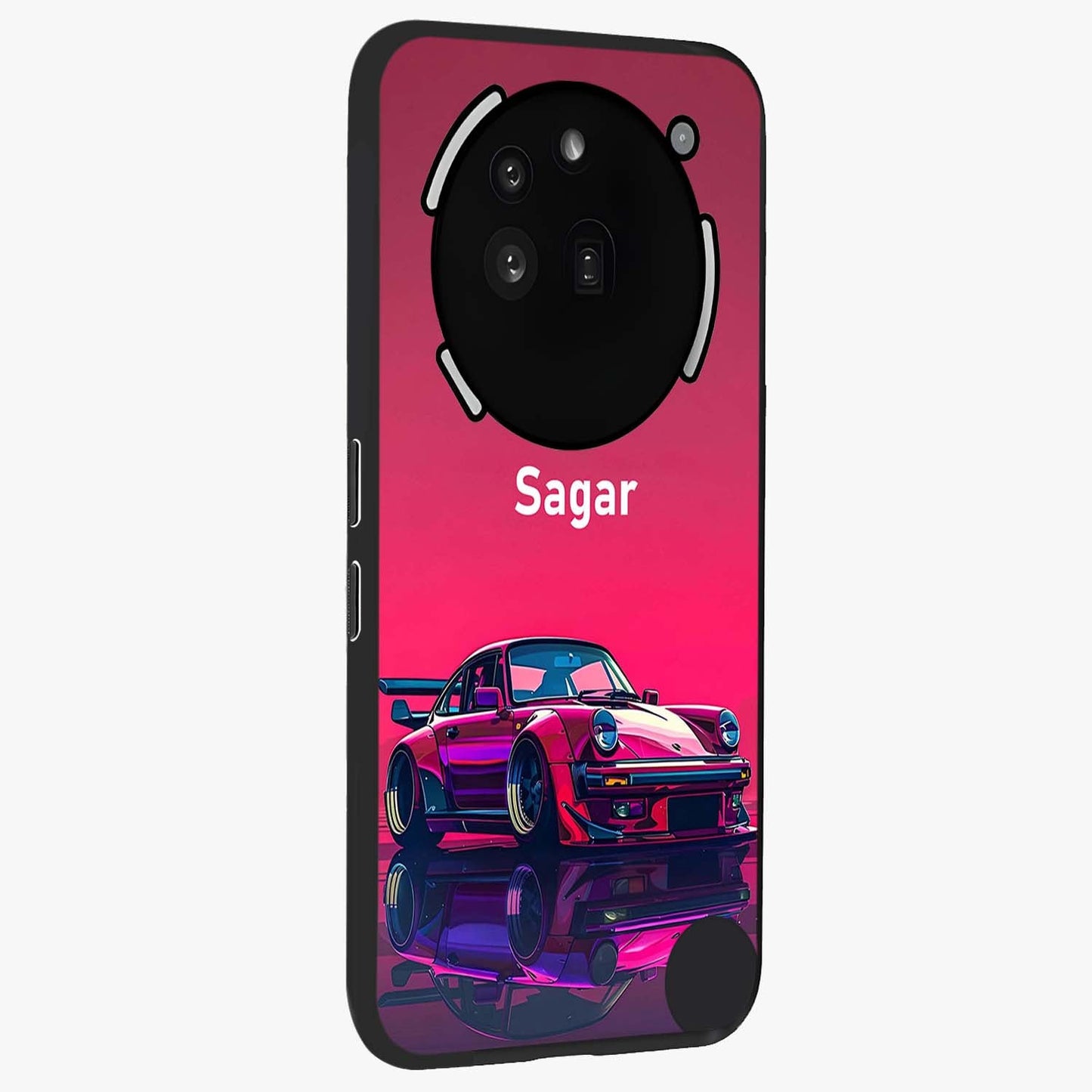 Neon Pink Porsche Glass Case upright view showcasing vibrant sports car artwork with bold automotive theme.