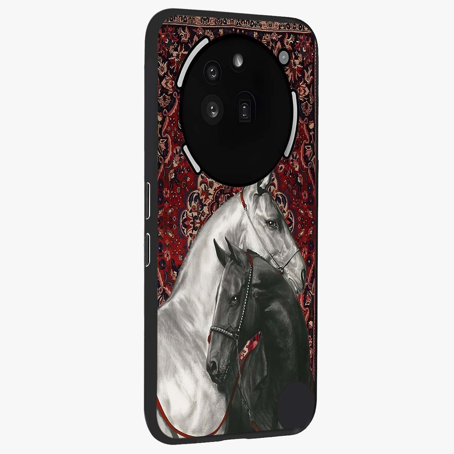 Regal Stallion Tapestry Glass Case upright view showcasing powerful horse artwork with elegant tapestry theme.