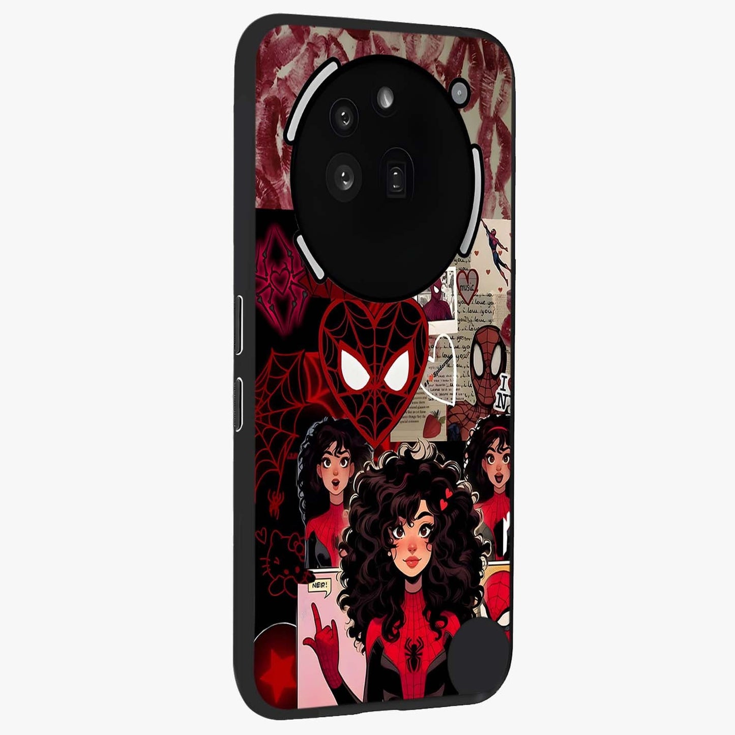 Spider Love Story Glass Case upright view showcasing charming superhero artwork with romantic comic theme.