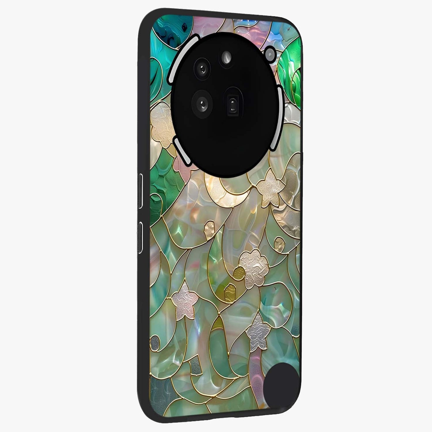 Stained Sunrise Glow Glass Case upright view showcasing colorful sunrise artwork with warm morning theme.