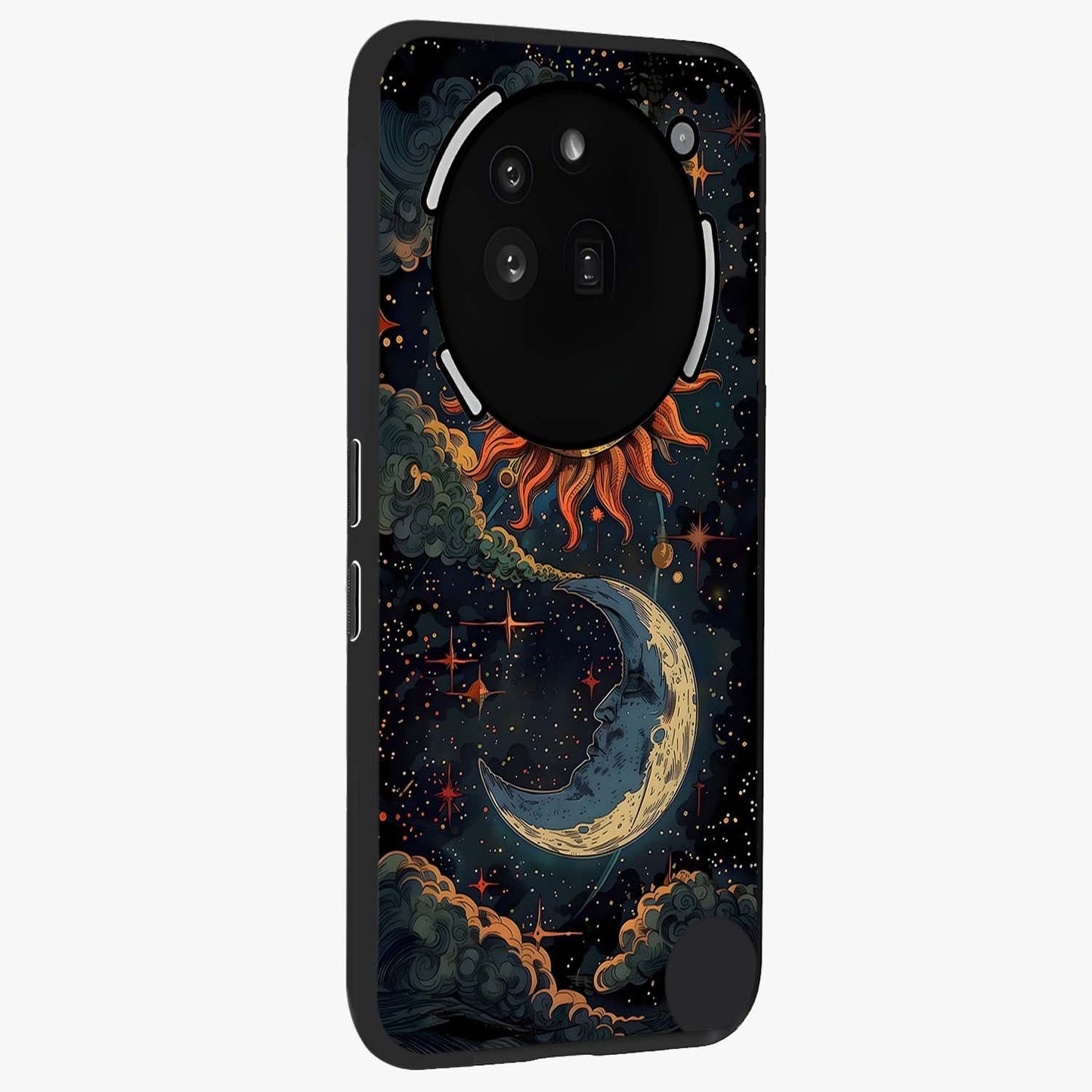 Sun And Moon Magic Design Glass Case upright view showcasing decorative sun and moon artwork with spiritual celestial theme.