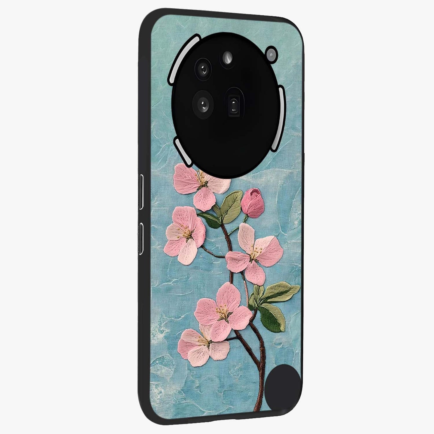 Threaded Blossom Breeze Glass Case upright view showcasing graceful flower artwork with calm botanical theme.