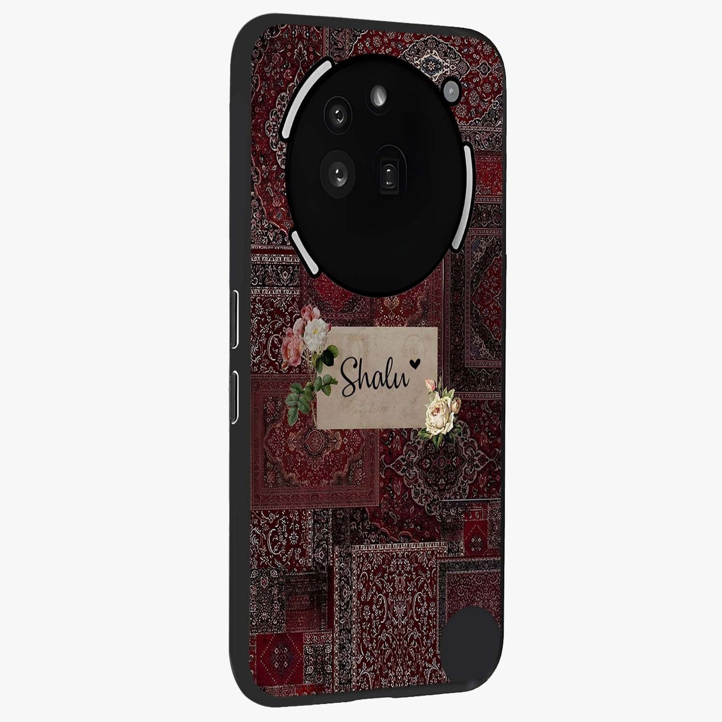 Velvet Wine Pattern Custom Name Glass Case upright view showcasing luxurious wine toned artwork with personalized aesthetic.