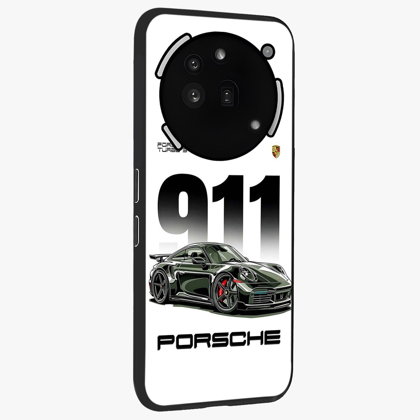 911 Turbo Dominance Glass Case upright perspective showcasing powerful racing design and modern automotive aesthetic.
