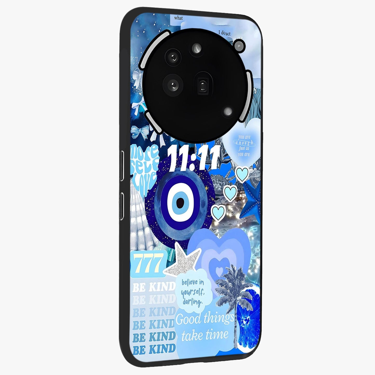 Aesthetic Be Kind Eye Glass Case upright view showcasing stylish eye illustration with positive message theme.