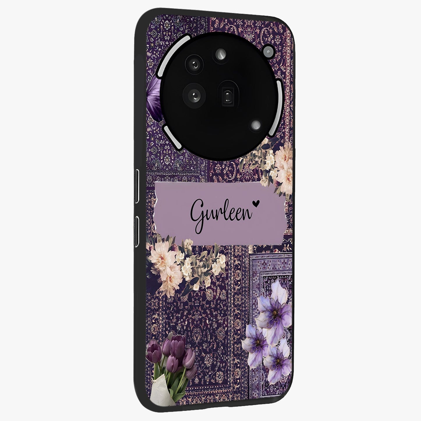 Antique Floral Whisper Custom Name Glass Case upright view showcasing delicate floral artwork with custom name feature.