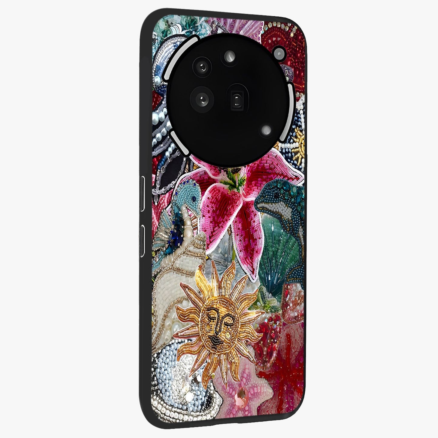 Beaded Garden Fantasy Glass Case upright view showcasing whimsical garden aesthetic with artistic bead details.