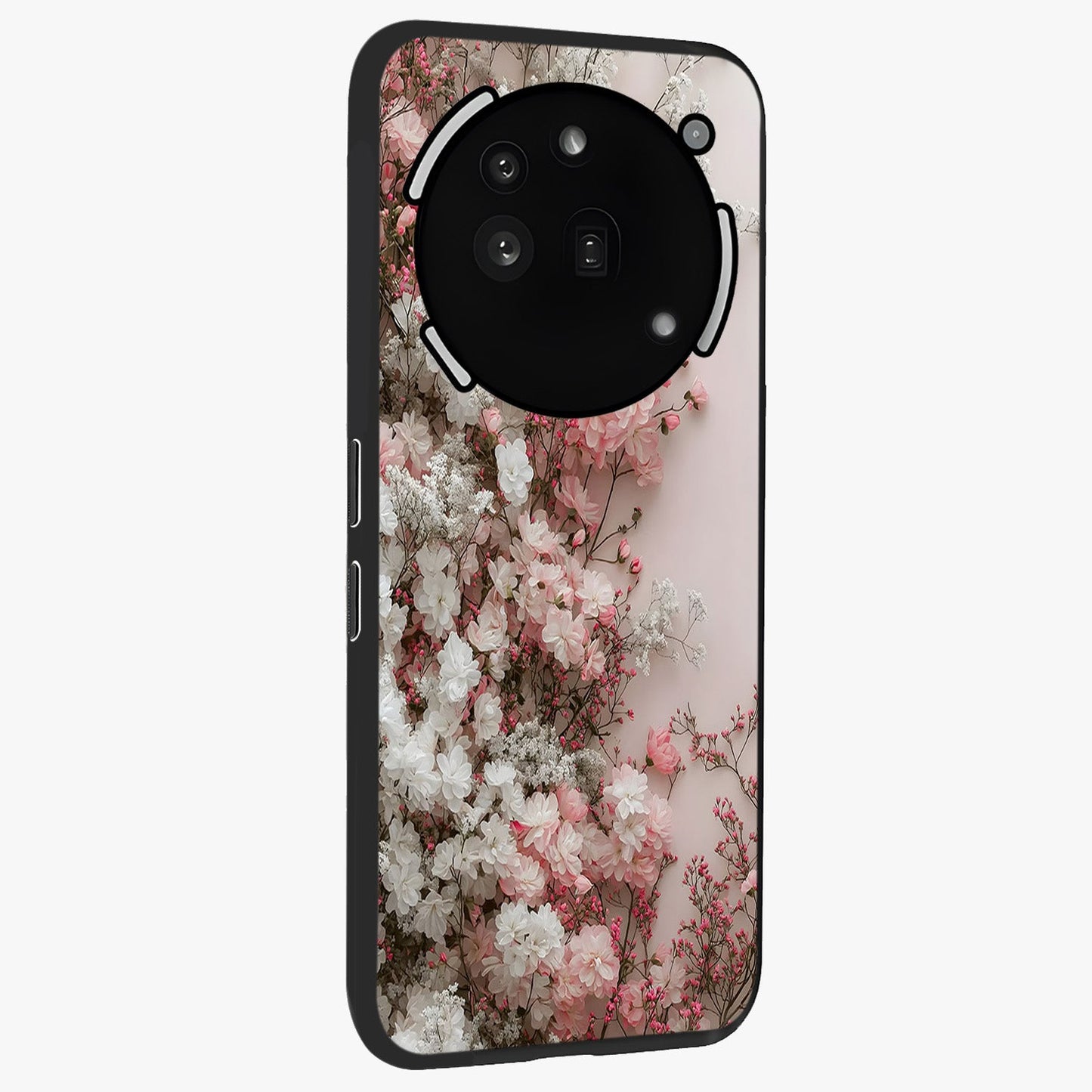 Blush Blossom Cloud Glass Case upright view showcasing calm floral cloud artwork with gentle dreamy theme.