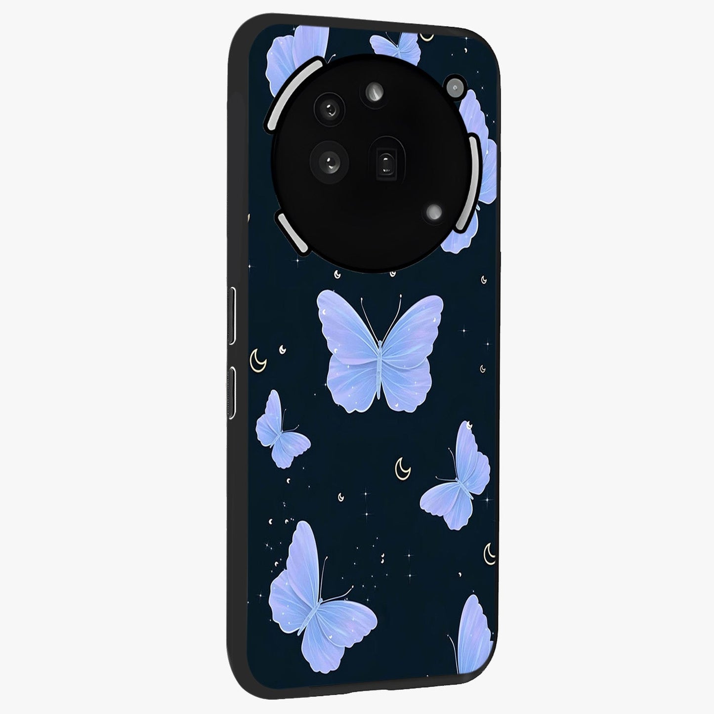 Butterfly With Stars Pattern Glass Case upright view showcasing celestial butterfly artwork with sparkling star elements.