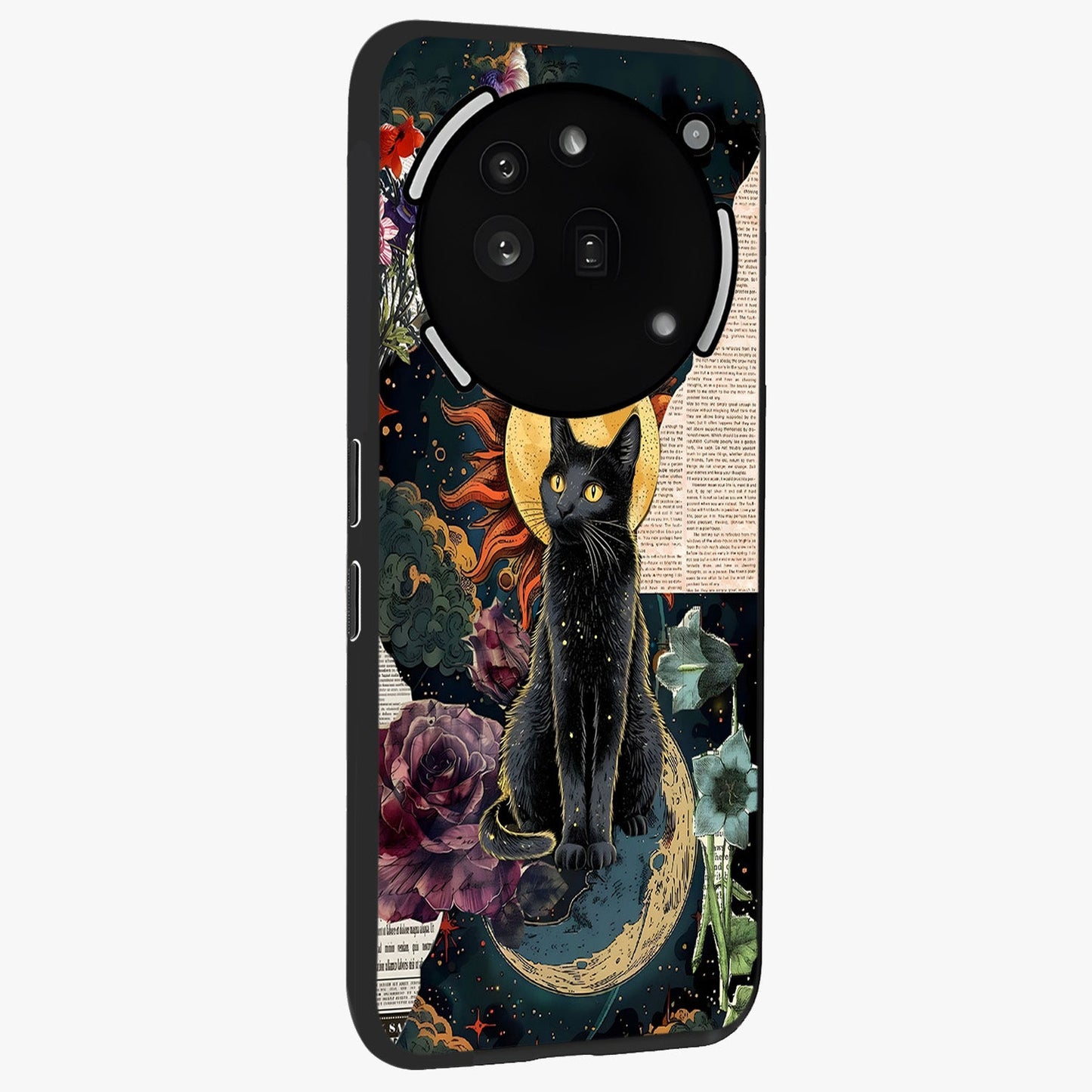 Celestial Black Cat Glass Case upright view showcasing magical black cat illustration with starry cosmic theme.