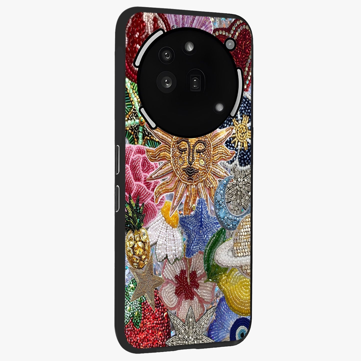 Celestial Floral and Playful Glass Case upright view showcasing whimsical floral artwork with cosmic aesthetic theme.