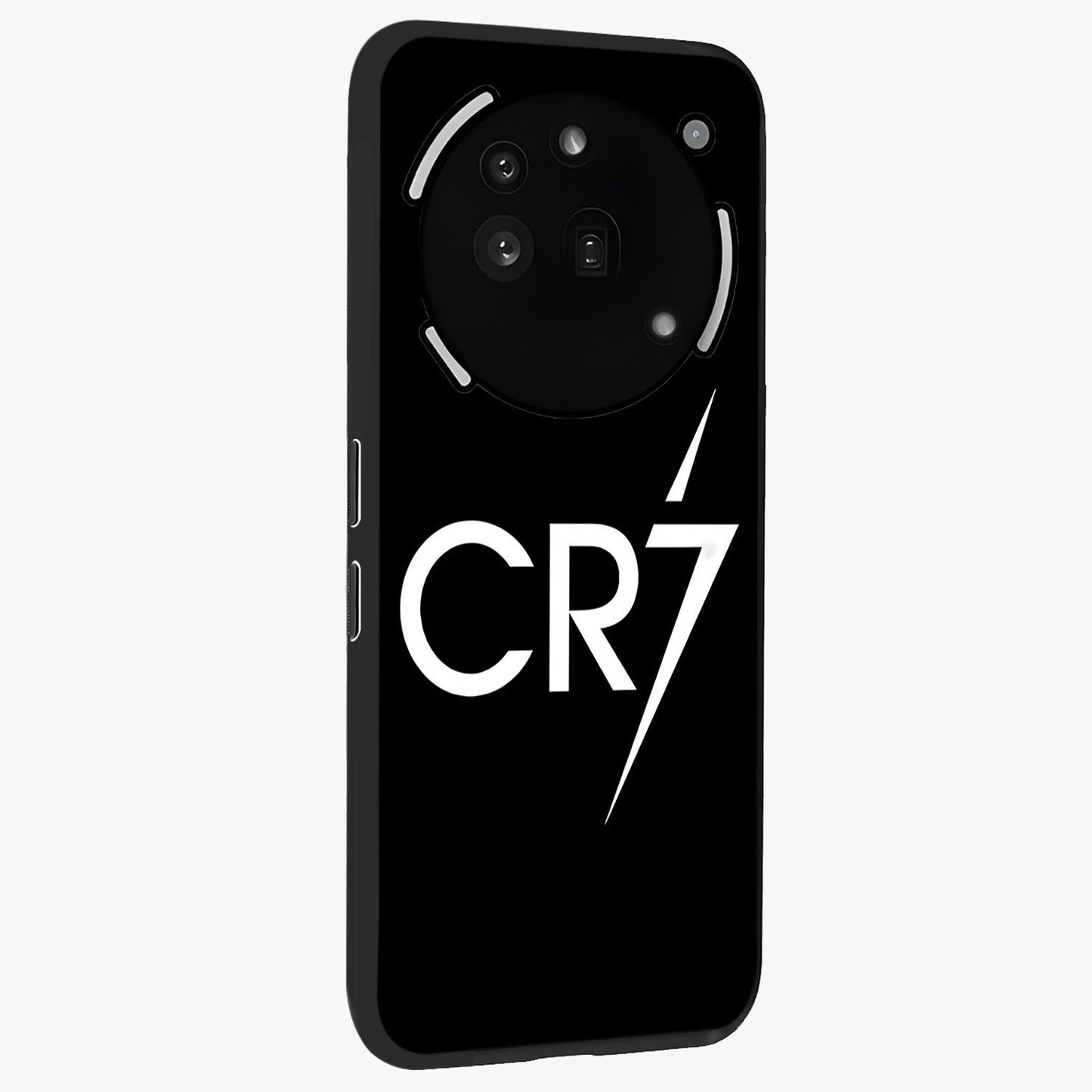 Cr7 Elite Strike Glass Case upright view showcasing energetic football inspired design with modern sports aesthetic.