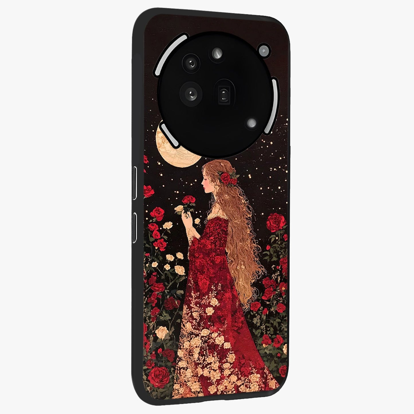 Crimson Dreams Glass Case upright view showcasing dreamy red toned artwork with modern aesthetic style.