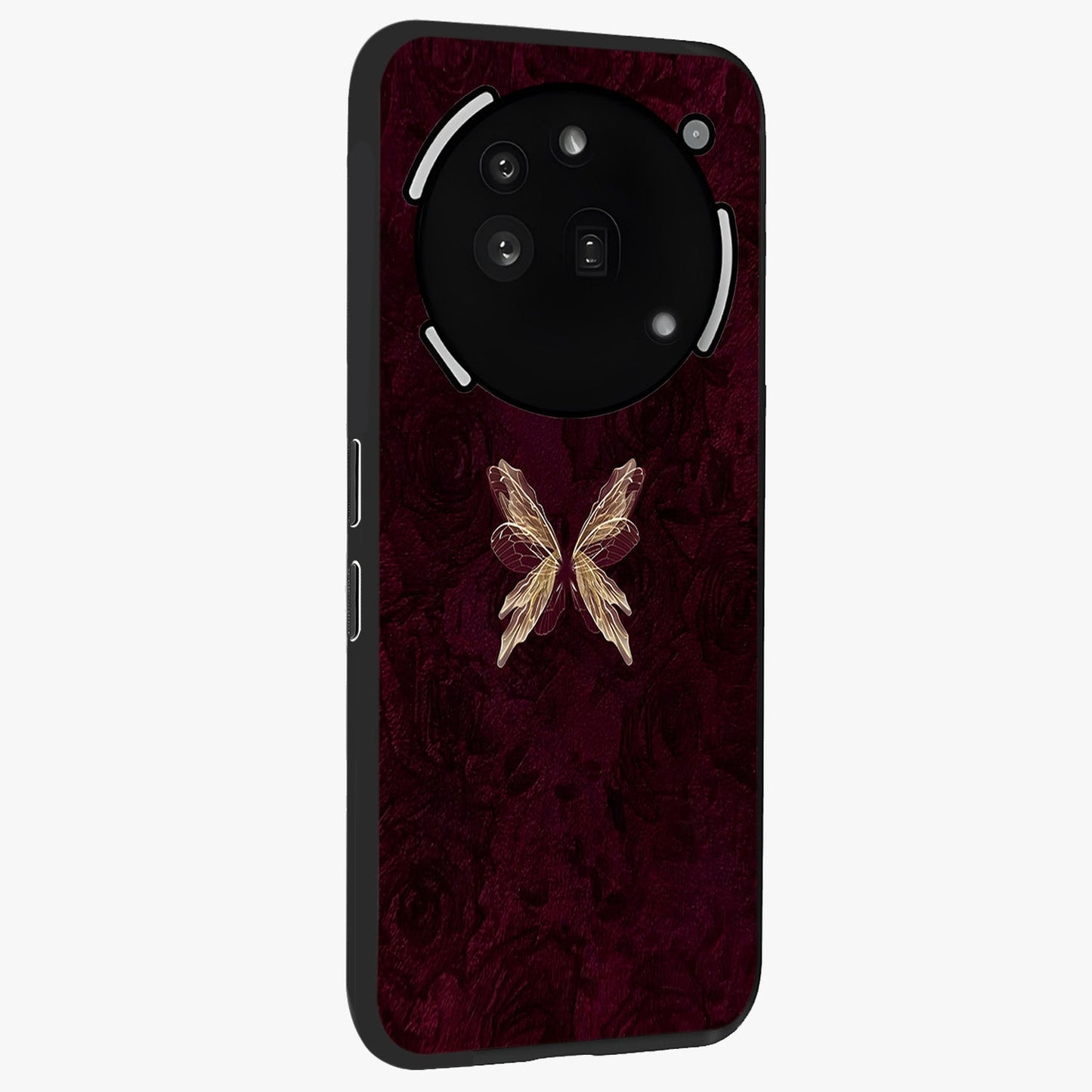 Crimson Fade Butterfly Glass Case upright view showcasing graceful butterfly artwork with soft crimson fade effect.