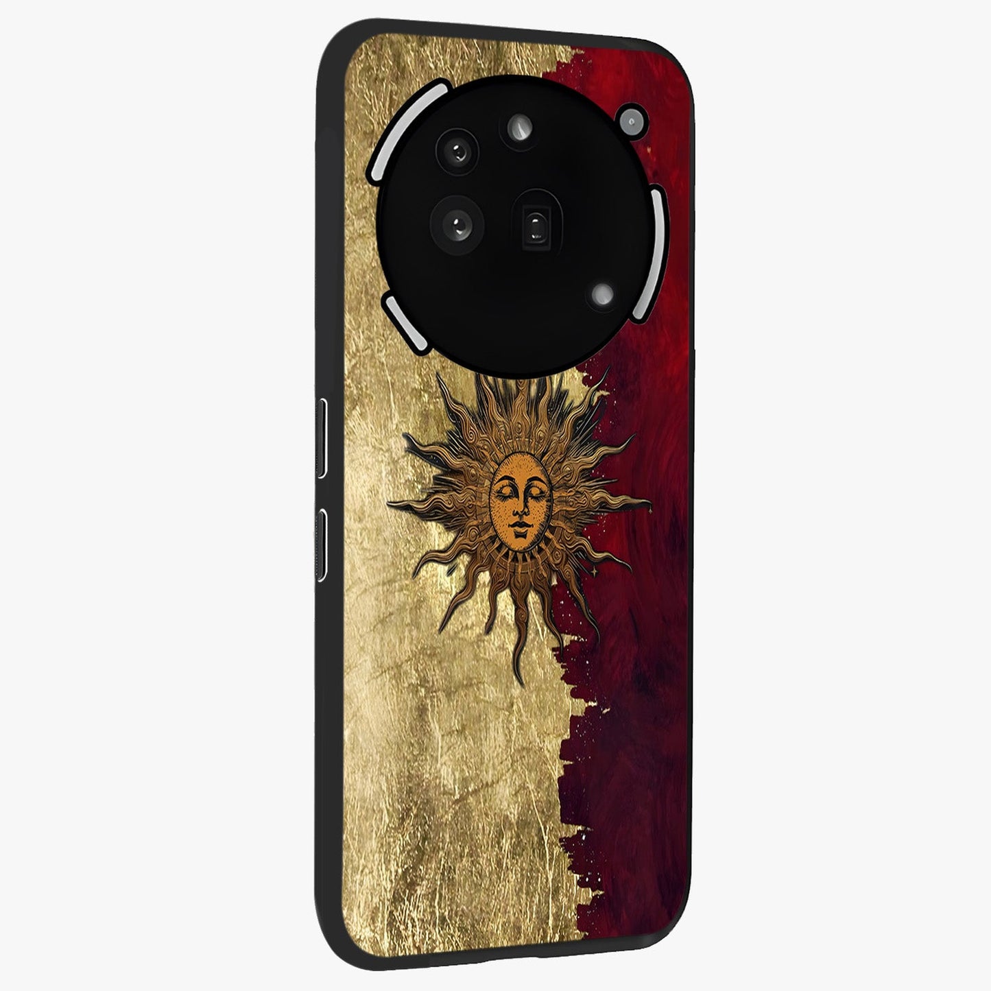 Crimson Sun Majesty Glass Case upright view showcasing vibrant sun artwork with powerful celestial theme.