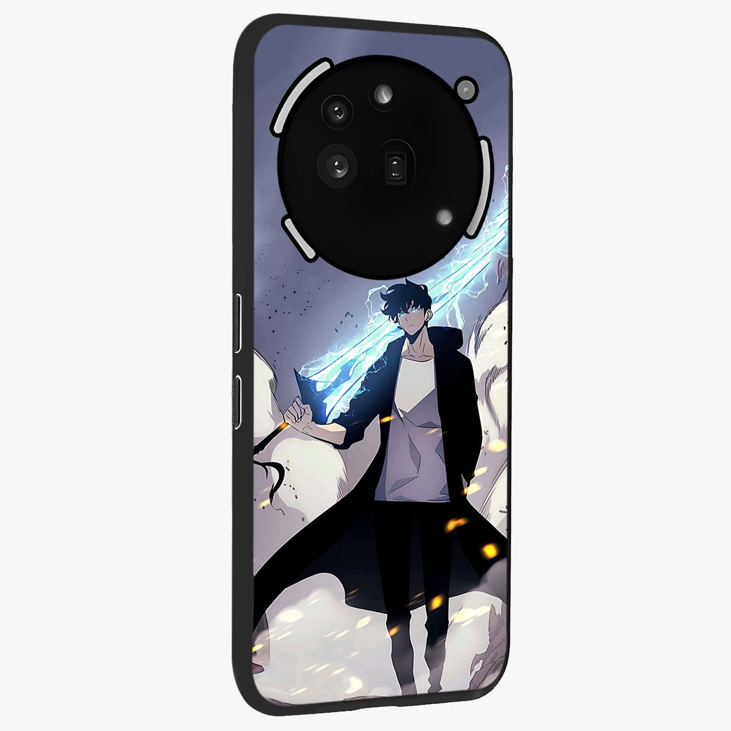 Dark Lightning Anime Warrior Glass Case upright view showcasing dramatic warrior artwork with dark lightning aesthetic.