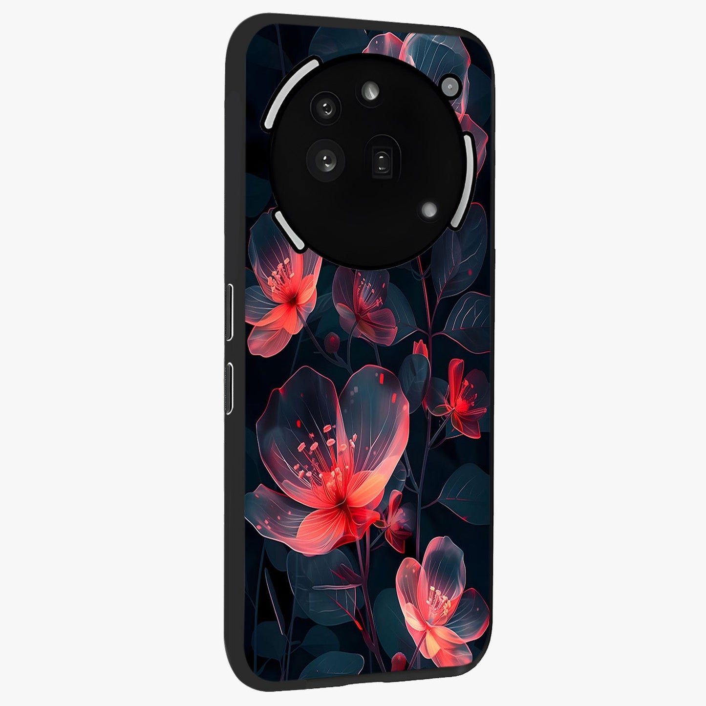 Dark Shade of Flower Glass Case upright view showcasing delicate flower artwork with rich dark floral theme.