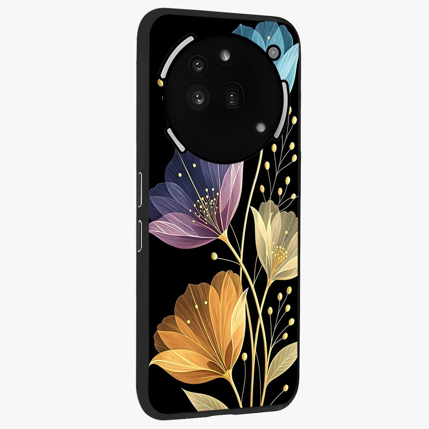 Delicate Multicolor Flowers Glass Case upright view showcasing delicate floral artwork with bright botanical theme.
