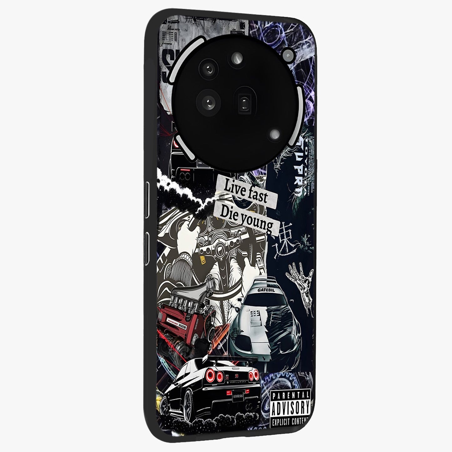 Die Young Glass Case upright view showcasing striking typography artwork with modern statement theme.