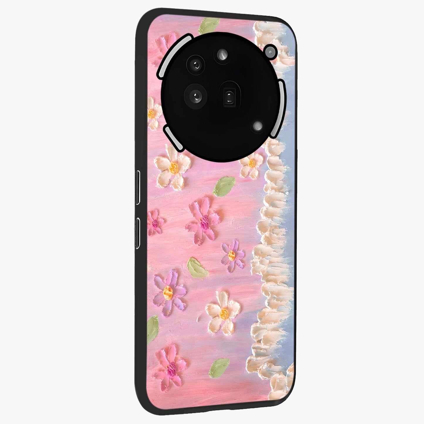 Dreamy Painted Garden Glass Case upright view showcasing vibrant floral garden artwork with artistic nature theme.