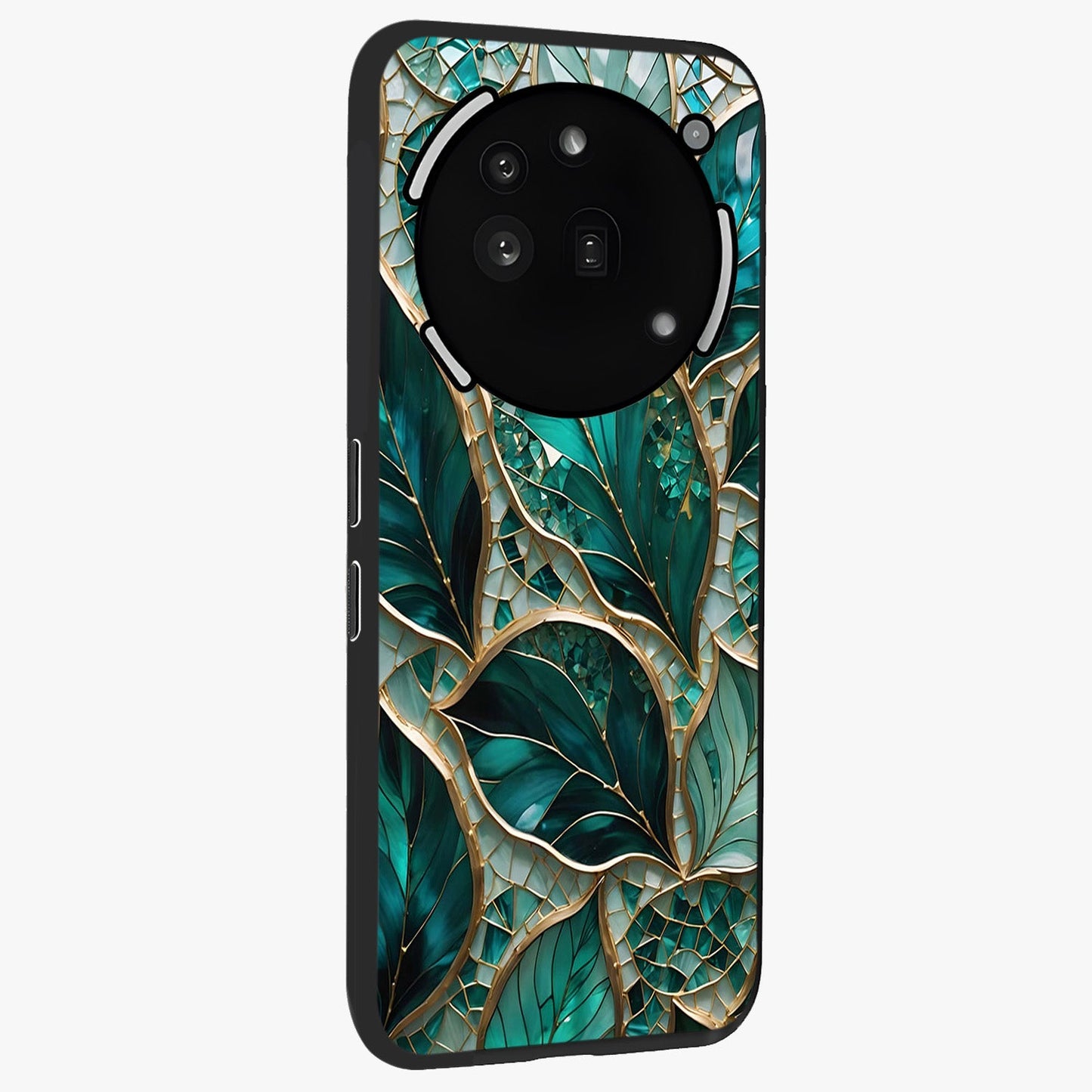 Emerald Leaf Glass Glass Case upright view showcasing fresh green leaf artwork with calming nature inspired style.