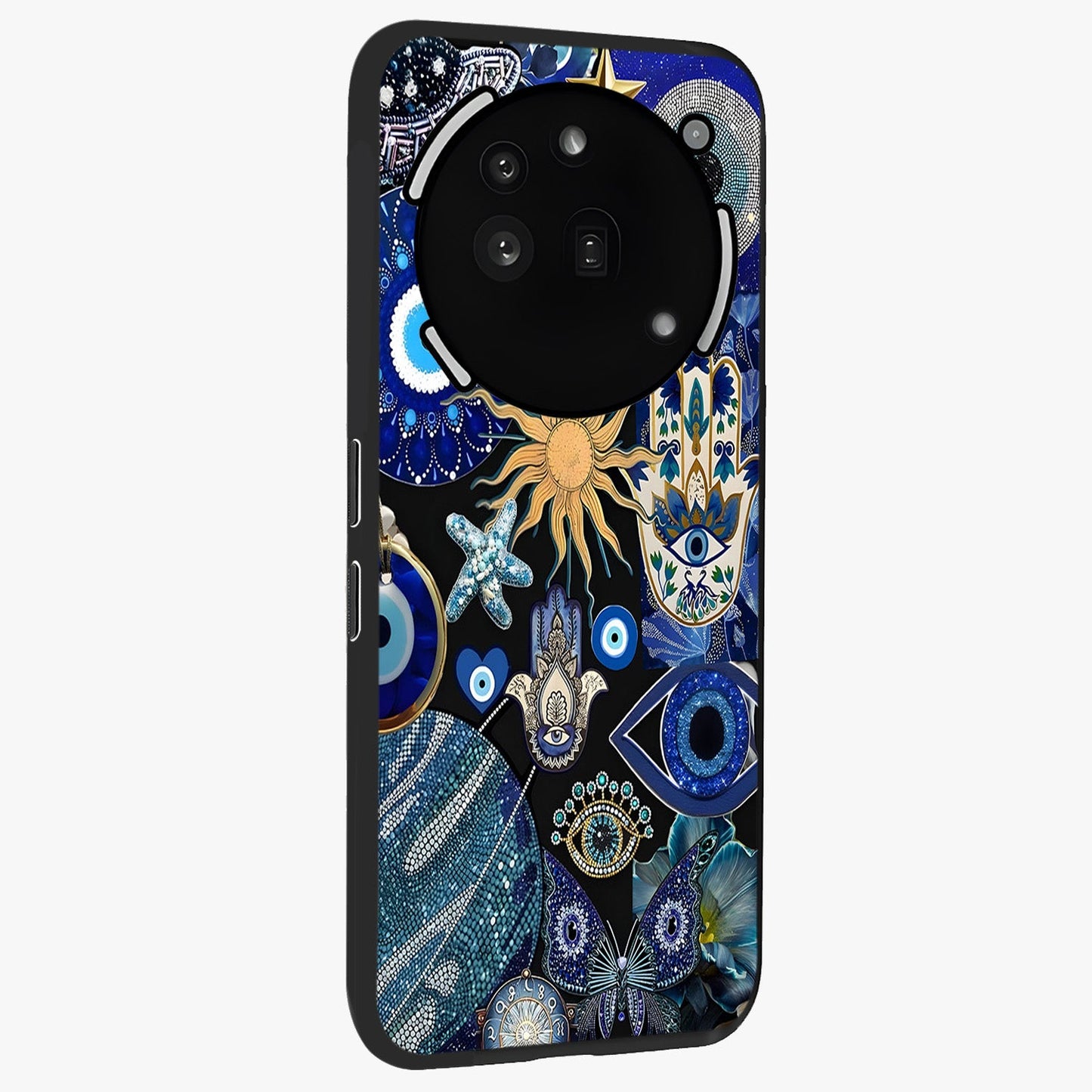 Evil Eye Charm Mix Glass Case upright view showcasing mystical evil eye pattern with vibrant decorative style.