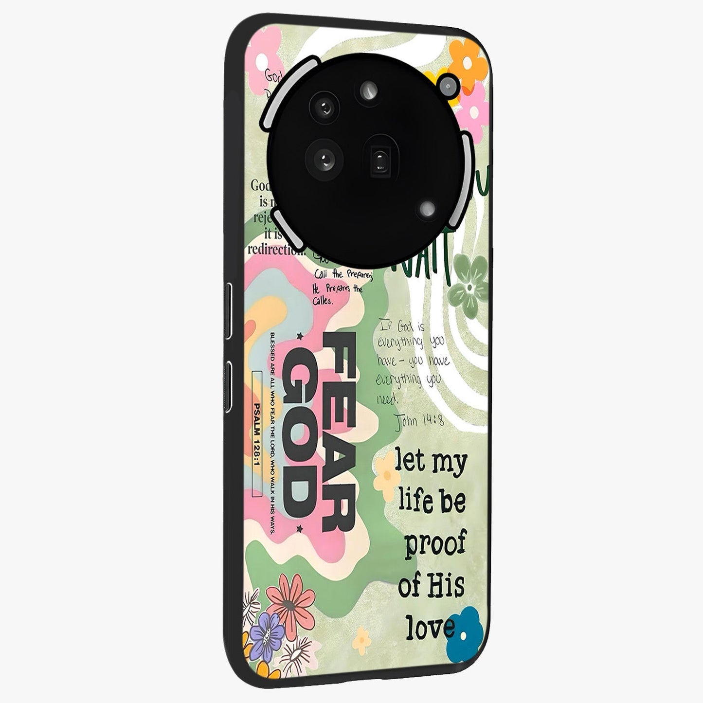 Faith Over Fear Glass Case upright view showcasing bold typography artwork with uplifting motivational theme.