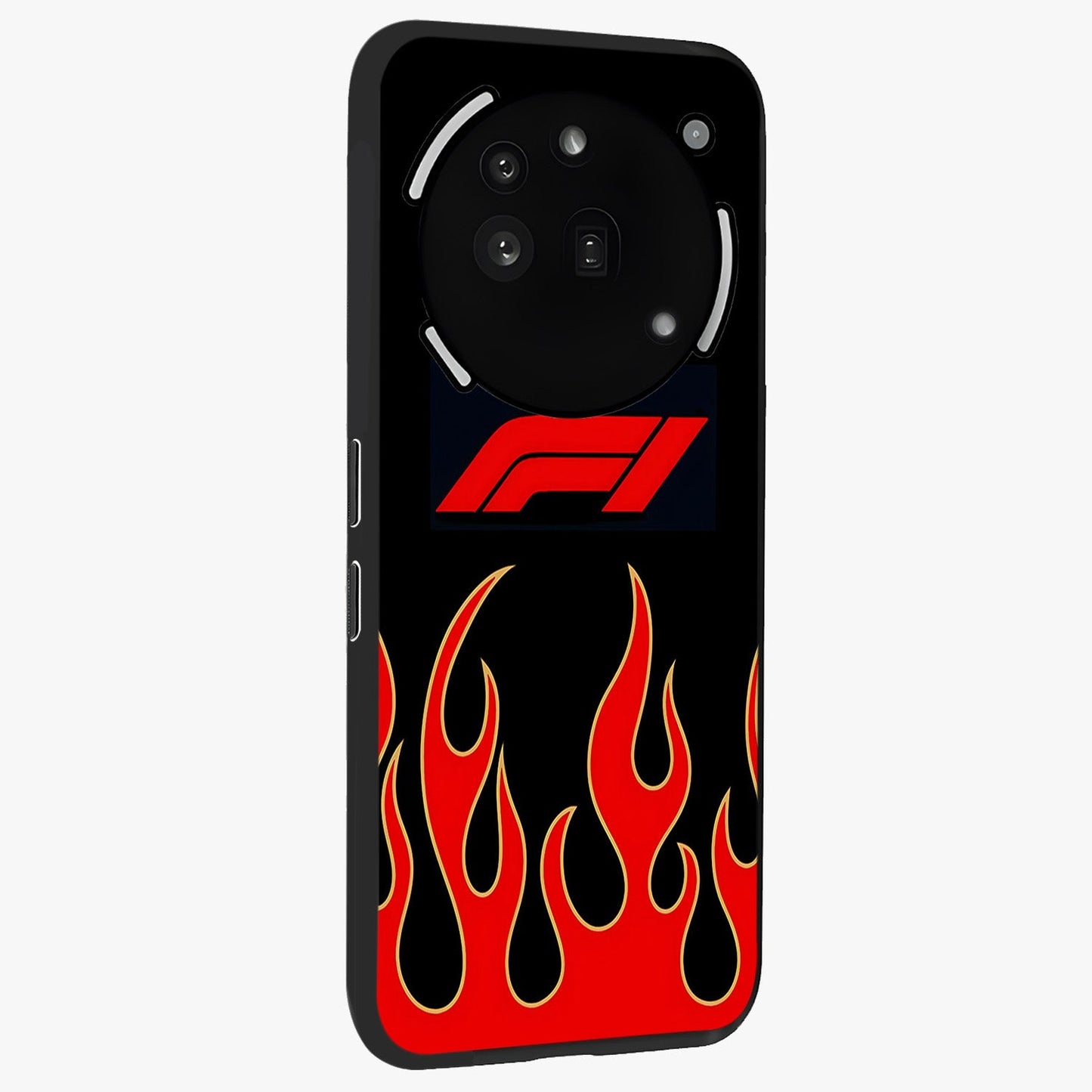 Fire F11 Glass Case upright view showcasing dynamic flame artwork with intense visual theme.