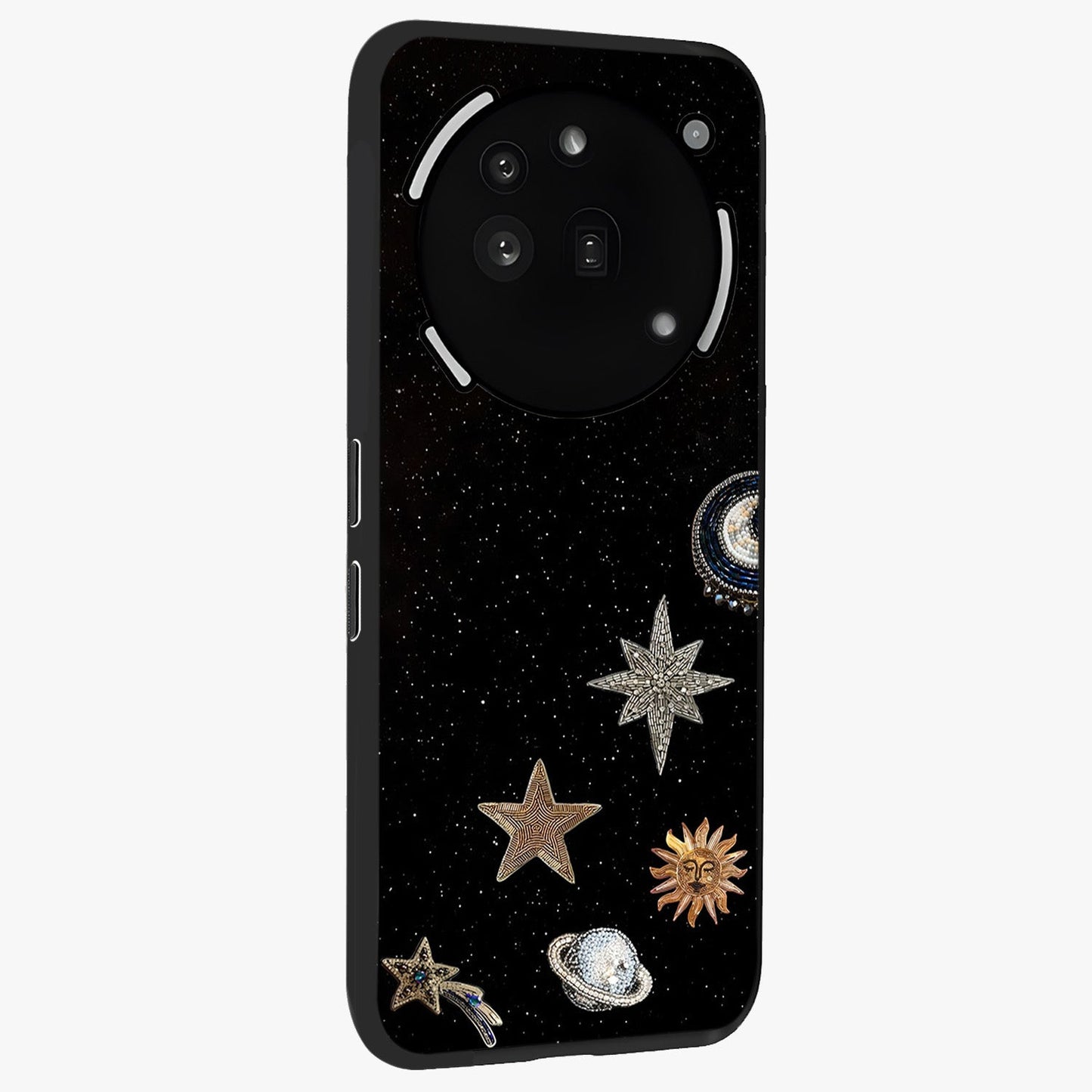 Galactic Charm Glow Glass Case upright view showcasing glowing cosmic charm artwork with magical celestial style.