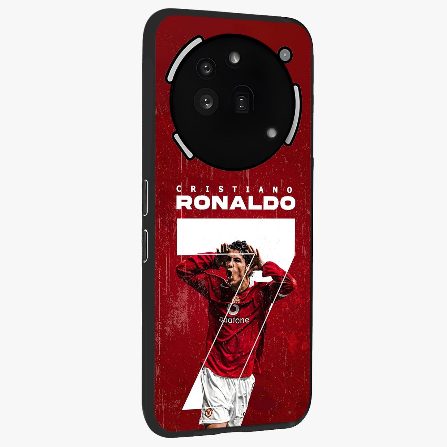 Goal Celebration Legacy Glass Case upright view showcasing dynamic football inspired artwork with victory celebration aesthetic.