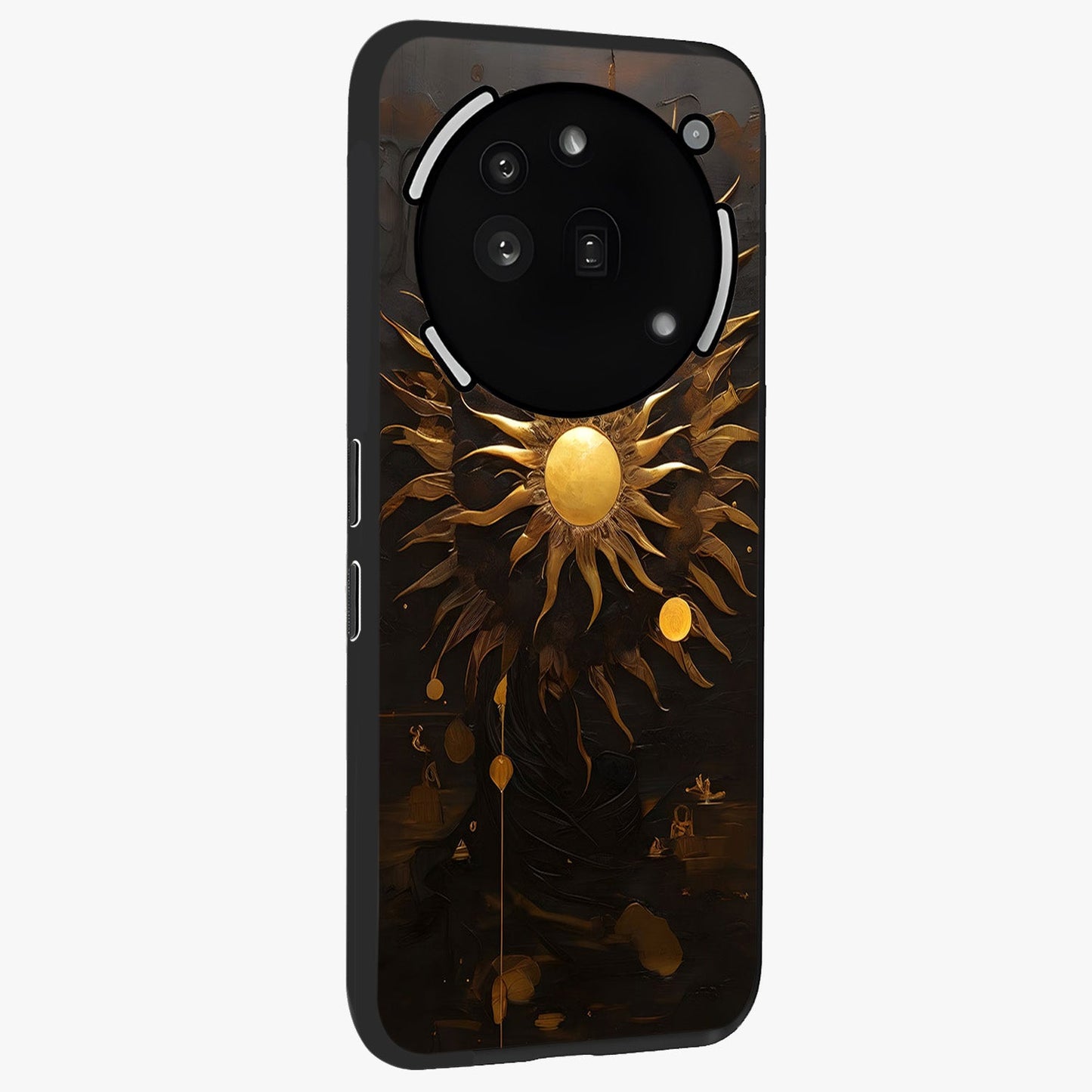 Golden Sun Majesty Glass Case upright view showcasing haunting graveyard artwork with dramatic dark theme.