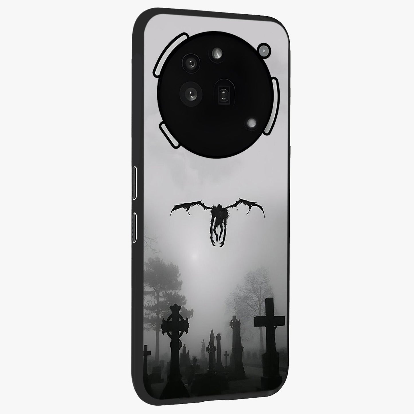 Graveyard Shadow Descent Glass Case upright view showcasing haunting graveyard artwork with dramatic dark theme.