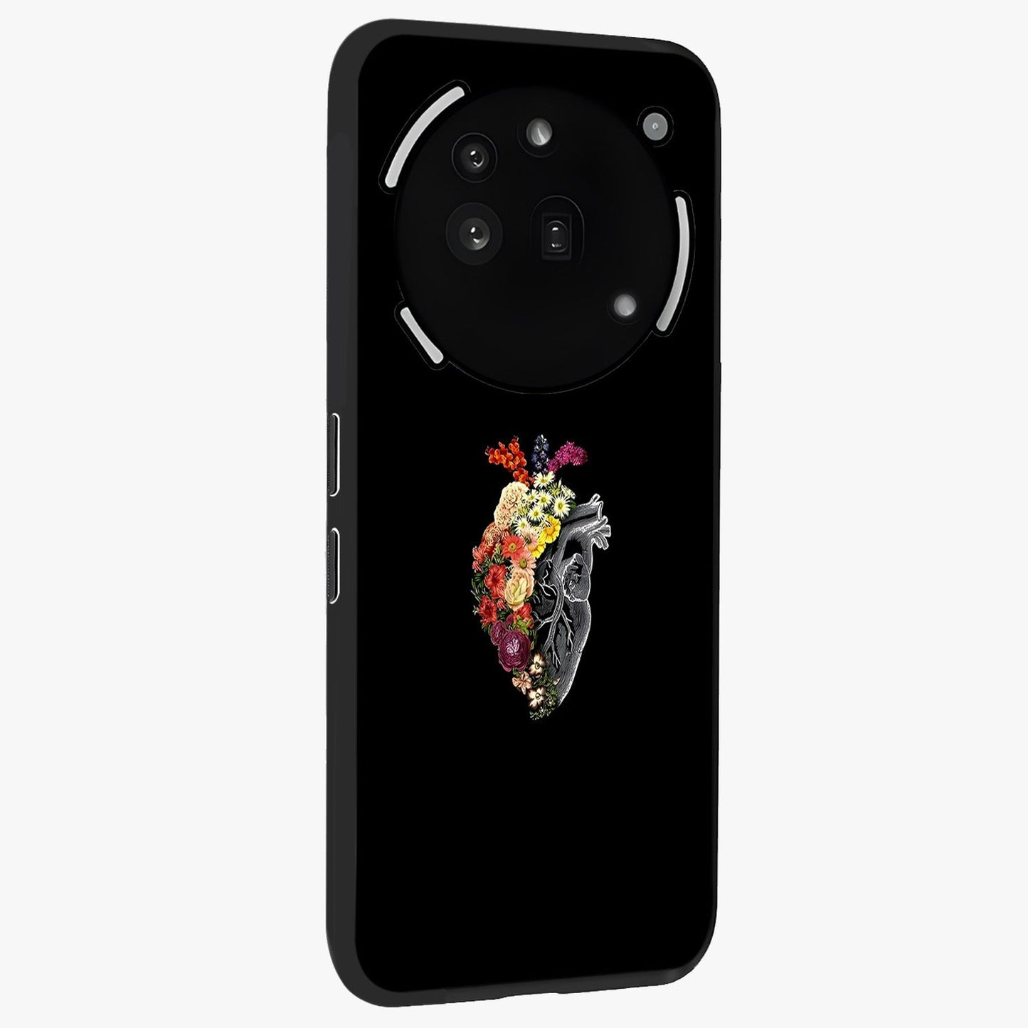 Heart With Flowers Glass Case upright view showcasing decorative heart and floral artwork with sweet romantic theme.