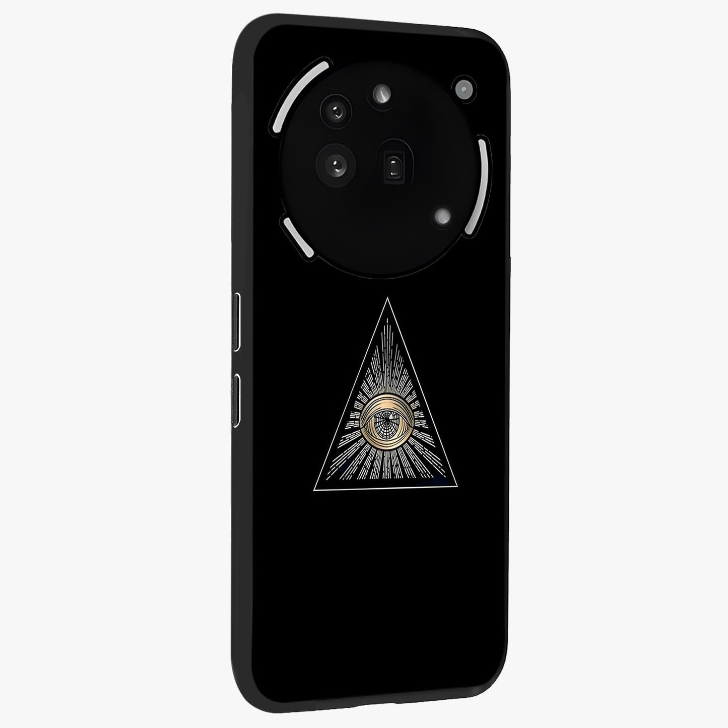 Illuminati Evil Glass Case upright view showcasing striking illuminati artwork with mysterious symbolic theme.