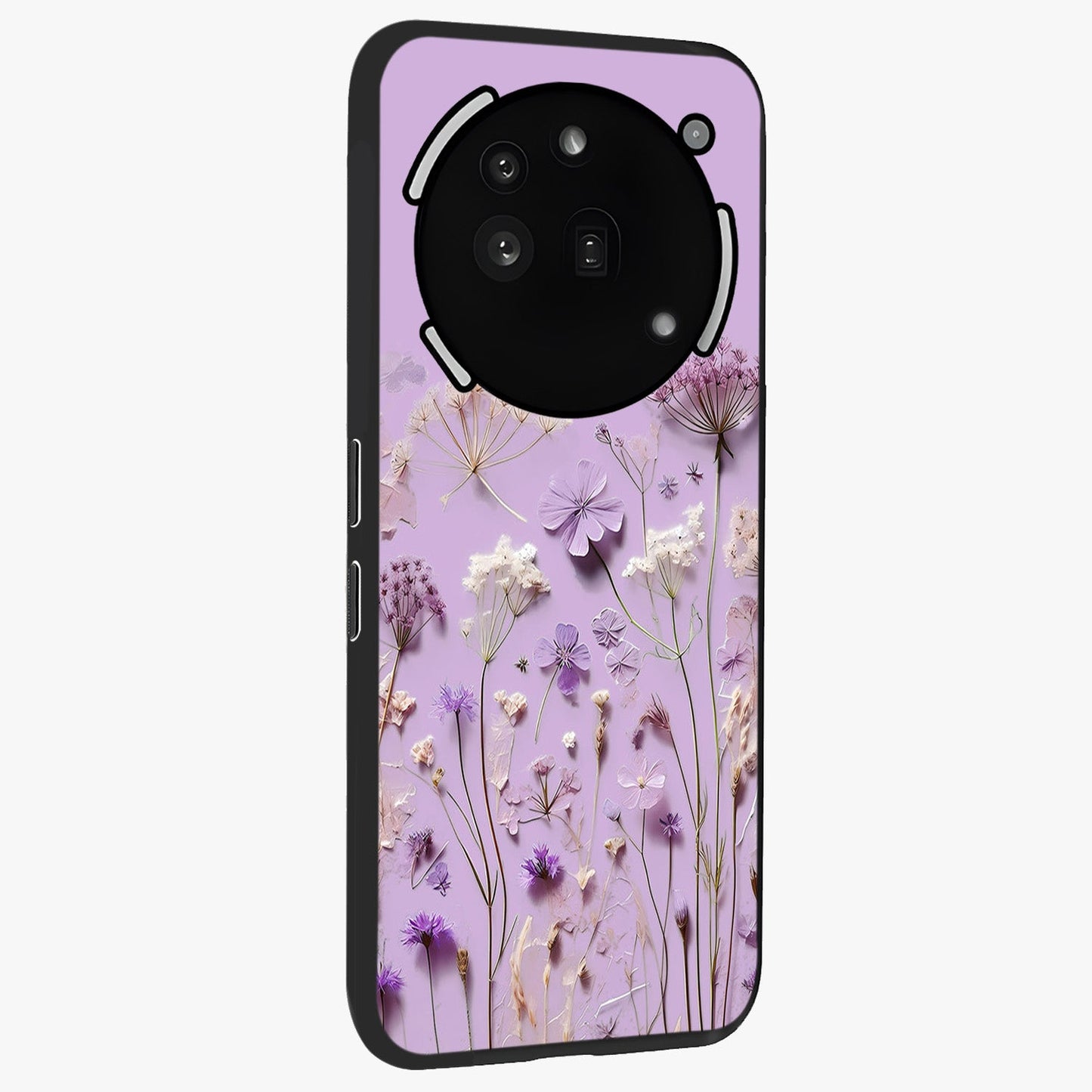 Lavender Blossom Dream Glass Case upright view showcasing delicate lavender blossom artwork with peaceful floral theme.
