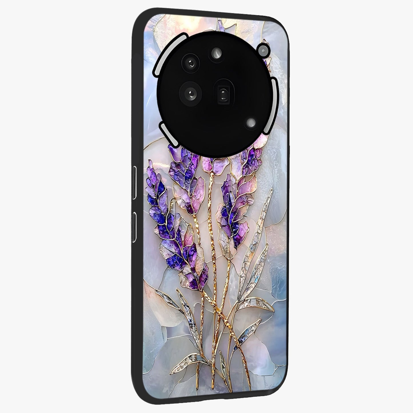Lavender Dream Glow Glass Case upright view showcasing radiant lavender glow artwork with calming dreamy theme.
