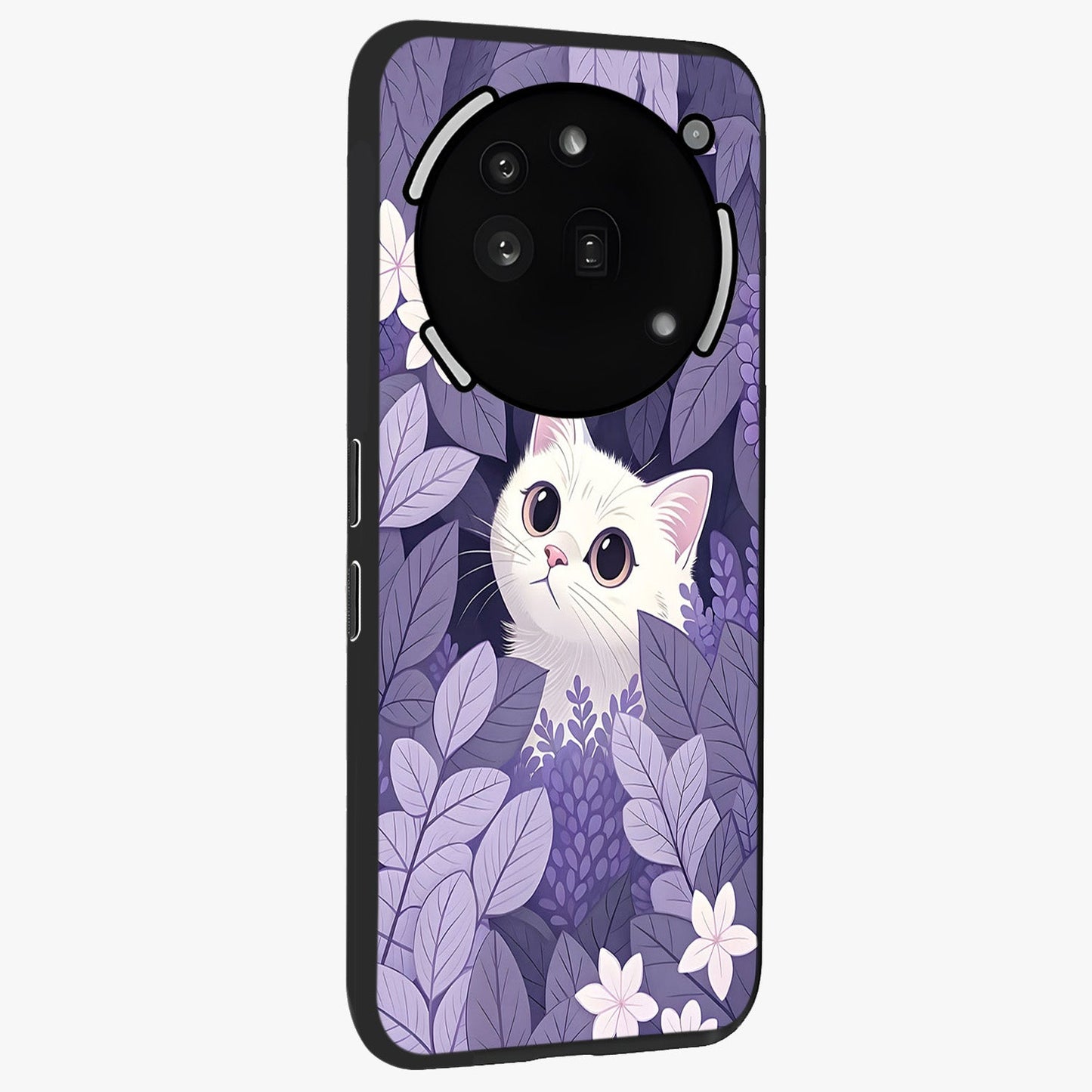 Lilac Hide Peek Cat Glass Case upright view showcasing charming cat artwork with adorable peek theme.